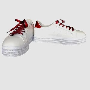 Platform sneakers white with rhinestone and red laces and  back byH2K size 10